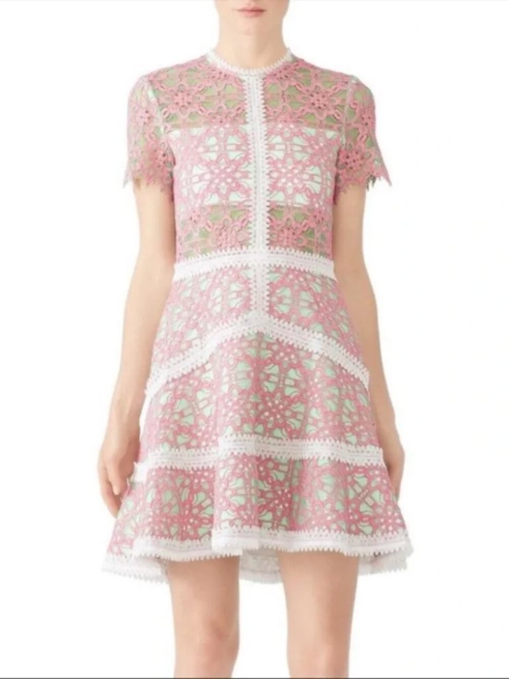 ALEXIS Rustikan Dress Stunning Pink Green White Lace Fit & Flare Dainty Mini XS